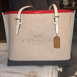 COACH Mollie Tote 25 Colorblock Canvas Leather Red White Blue CB650